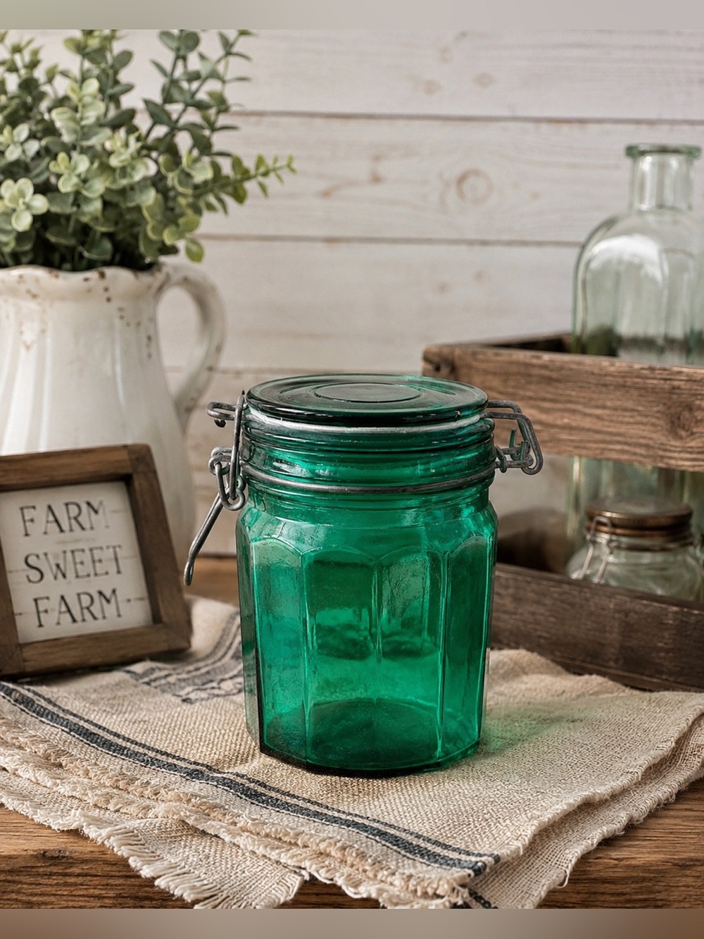 Vintage Emerald Green Glass Canister Wire Bail Clamp Lid 5 Inch